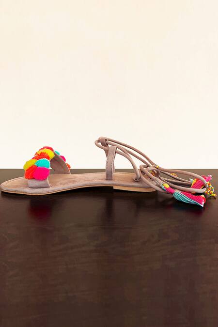 Buy_Sandalwali_Multi Color -poms, Tassels Lace Up Sandals_Online_at_Aza_Fashions