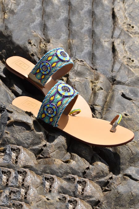 SANDALWALI Blue Embroidered Bead Sandals 