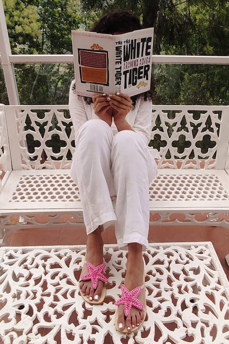 Shop_Sandalwali_Pink Beads Embroidered Starfish Sandals _Online_at_Aza_Fashions