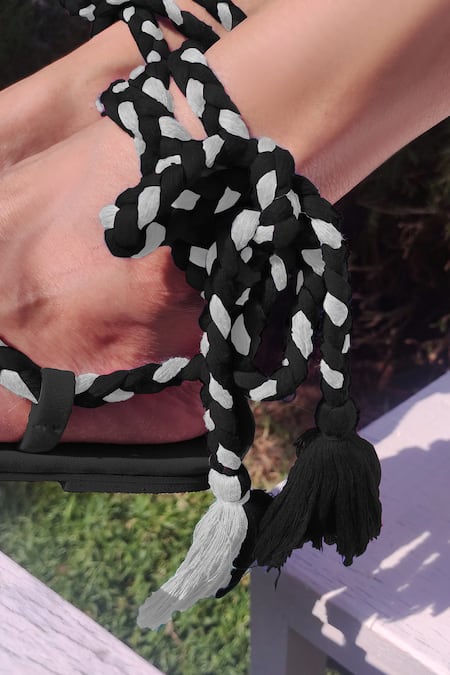 Sandalwali_Black Tassels Lace Up Braided Sandals _Online_at_Aza_Fashions