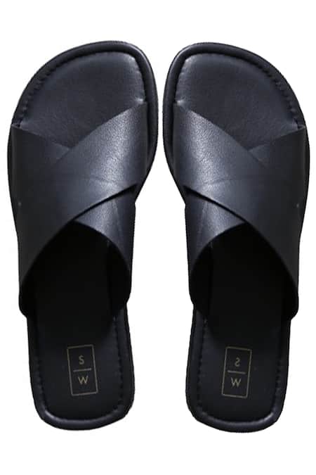 Shop_Sandalwali_Black Handmade George Strap Sliders  _at_Aza_Fashions
