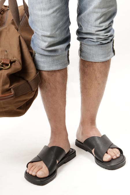 Sandalwali_Black Handmade George Strap Sliders  _Online_at_Aza_Fashions