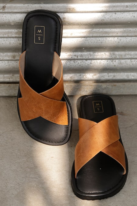 Shop_Sandalwali_Black Handmade Simon Strap Sliders _at_Aza_Fashions