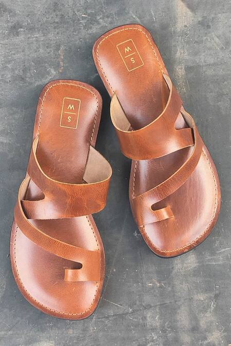 Shop_Sandalwali_Brown Upper Leather Buff Plain Carlos Overlap Sandal _at_Aza_Fashions