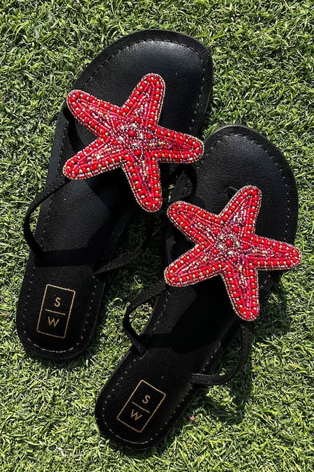 Sandalwali Red Embroidered Lucy Beaded Starfish Sandals