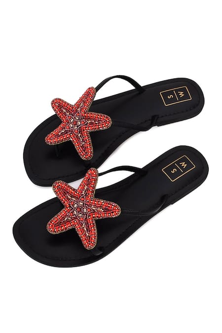 Shop_Sandalwali_Red Embroidered Lucy Beaded Starfish Sandals _at_Aza_Fashions
