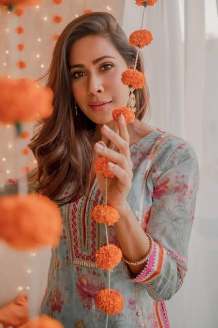 Shop_Gopi Vaid_Blue Cotton Silk Utsav Tunic With Dhoti Pants _Online_at_Aza_Fashions