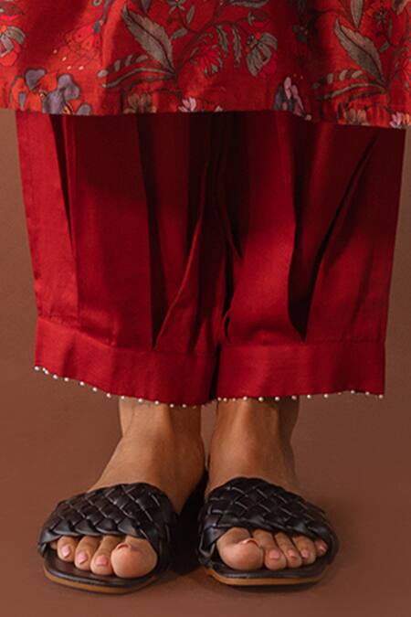 Buy_Khamaj India_Red Kurta Chanderi Floral Round Sweven And Pant Set_Online_at_Aza_Fashions
