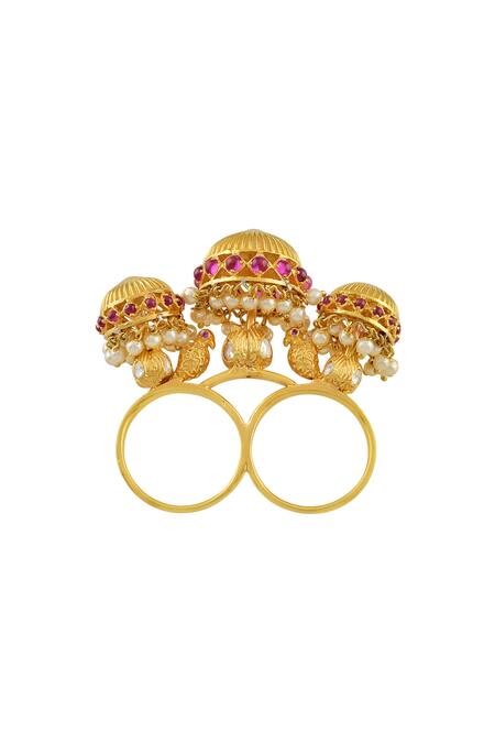 Blue Turban Gold Plated Stone Carved Two Finger Ring 2