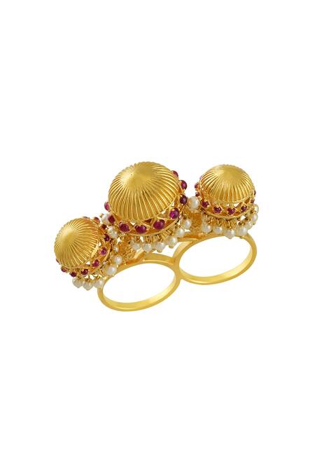 Blue Turban Gold Plated Stone Carved Two Finger Ring 3