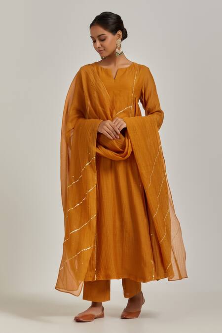 Shop_Ikshita Choudhary_Yellow Chanderi Embroidered Chita Notched Panelled Kurta And Pant Set_Online_at_Aza_Fashions