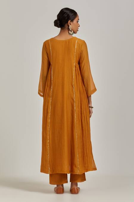 Shop Ikshita Choudhary Yellow Chanderi Embroidered Chita Notched Panelled Kurta Pant Set at Aza Fashions Shop_Ikshita Choudhary_Yellow Chanderi Embroidered Chita Notched Panelled Kurta Pant Set_at_Aza_Fashions