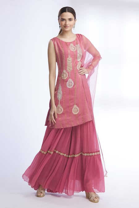 Sozenkari Pink Organza, Chiffon, Pure Silk Chanderi Boat Embroidered Kurta Set 