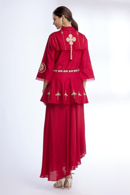 Shop Sozenkari Maroon Pure Silk, Satin Dobby V Neck Jacket And Skirt Set at Aza Fashions Shop_Sozenkari_Maroon Pure Silk, Satin Dobby V Neck Jacket And Skirt Set _at_Aza_Fashions