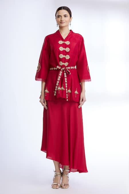 Sozenkari Maroon Pure Silk, Satin Dobby V Neck Jacket And Skirt Set Online at Aza Fashions Sozenkari_Maroon Pure Silk, Satin Dobby V Neck Jacket And Skirt Set _Online_at_Aza_Fashions