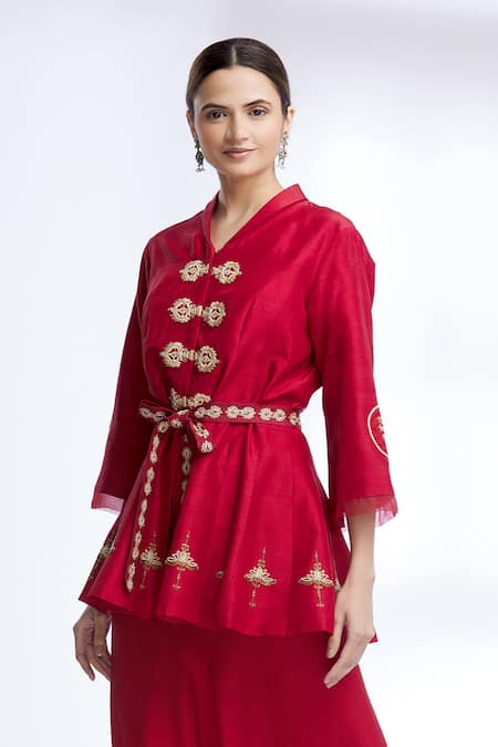 Buy Sozenkari Maroon Pure Silk, Satin Dobby V Neck Jacket And Skirt Set Online at Aza Fashions Buy_Sozenkari_Maroon Pure Silk, Satin Dobby V Neck Jacket And Skirt Set _Online_at_Aza_Fashions