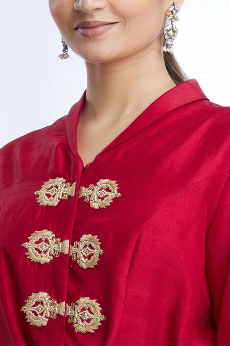 Sozenkari Maroon Pure Silk, Satin Dobby V Neck Jacket And Skirt Set at Aza Fashions Sozenkari_Maroon Pure Silk, Satin Dobby V Neck Jacket And Skirt Set _at_Aza_Fashions