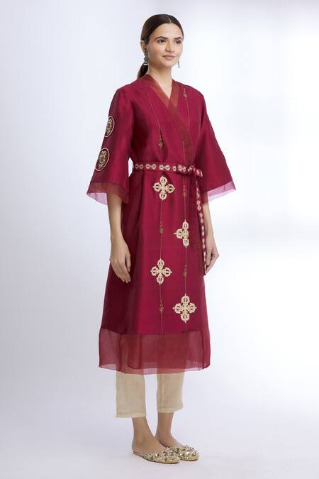 Sozenkari_Maroon Organza, Pure Silk V Neck Dress With Belt _Online_at_Aza_Fashions