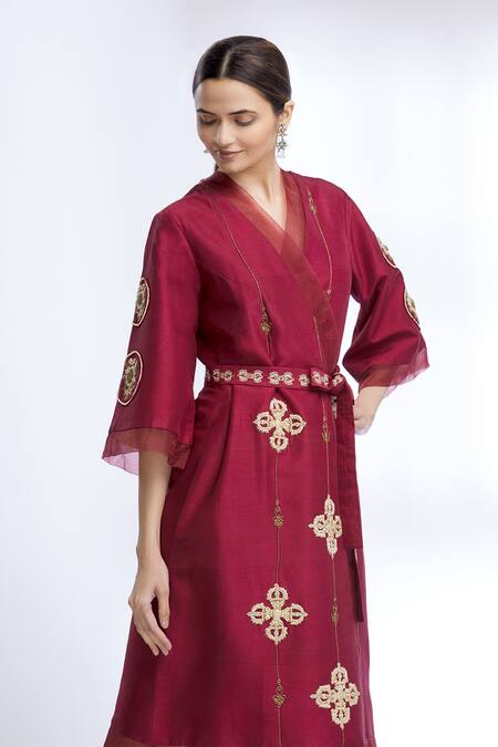 Shop_Sozenkari_Maroon Organza, Pure Silk V Neck Dress With Belt _Online_at_Aza_Fashions