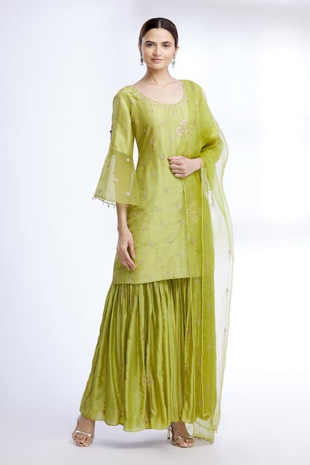 Sozenkari Green Organza, , Muslin Round Embroidered Kurta Set