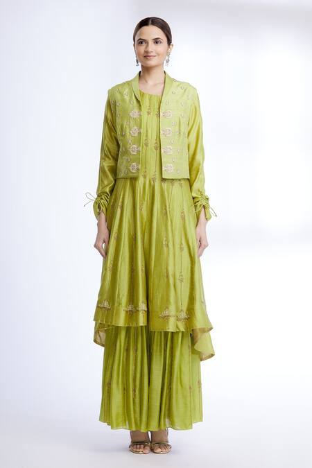 Sozenkari_Green Silk Chanderi, Organza, Embroidered Anarkali And Jacket Set _Online_at_Aza_Fashions