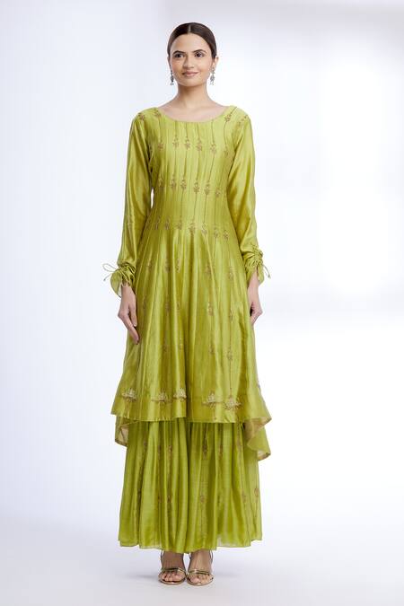 Buy_Sozenkari_Green Silk Chanderi, Organza, Embroidered Anarkali And Jacket Set _Online_at_Aza_Fashions