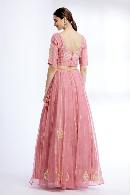 Shop Sozenkari Pink Silk Chanderi, Organza V Neck Lehenga And Blouse Set at Aza Fashions Shop_Sozenkari_Pink Silk Chanderi, Organza V Neck Lehenga And Blouse Set _at_Aza_Fashions