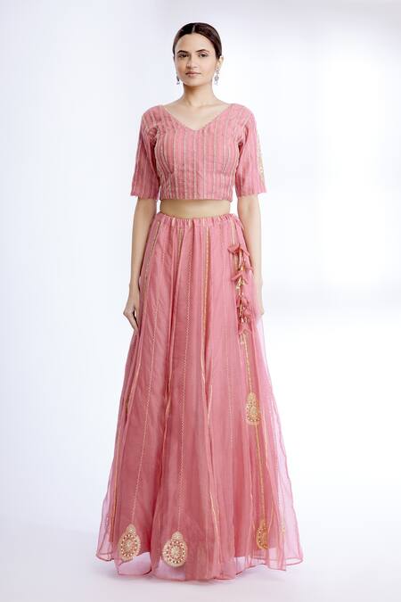 Sozenkari Pink Silk Chanderi, Organza V Neck Lehenga And Blouse Set Online at Aza Fashions Sozenkari_Pink Silk Chanderi, Organza V Neck Lehenga And Blouse Set _Online_at_Aza_Fashions