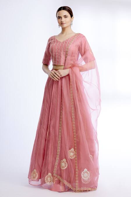 Buy Sozenkari Pink Silk Chanderi, Organza V Neck Lehenga And Blouse Set Online at Aza Fashions Buy_Sozenkari_Pink Silk Chanderi, Organza V Neck Lehenga And Blouse Set _Online_at_Aza_Fashions