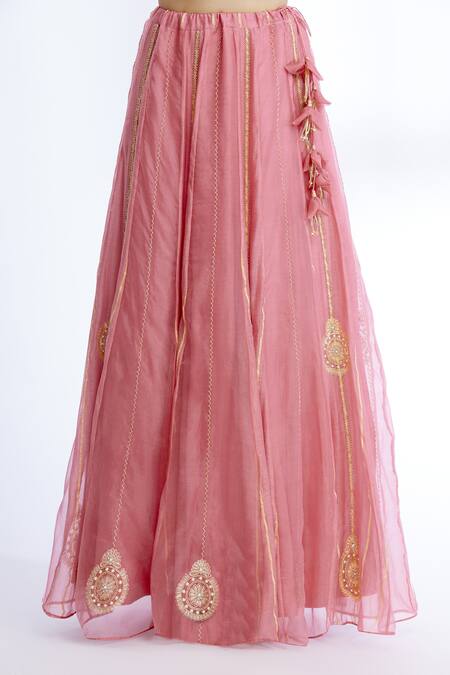 Shop Sozenkari Pink Silk Chanderi, Organza V Neck Lehenga And Blouse Set Online at Aza Fashions Shop_Sozenkari_Pink Silk Chanderi, Organza V Neck Lehenga And Blouse Set _Online_at_Aza_Fashions