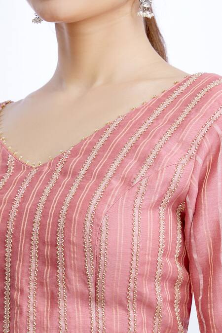 Sozenkari Pink Silk Chanderi, Organza V Neck Lehenga And Blouse Set at Aza Fashions Sozenkari_Pink Silk Chanderi, Organza V Neck Lehenga And Blouse Set _at_Aza_Fashions