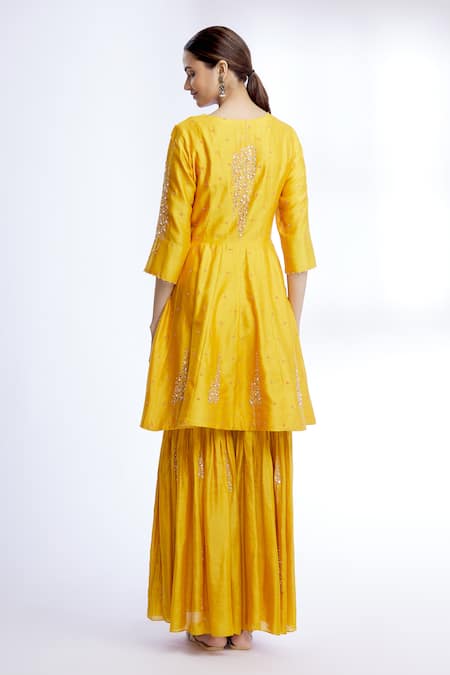 Shop Sozenkari Yellow Silk Chanderi, Gajji Silk, Embroidered Anarkali And Sharara Set at Aza Fashions Shop_Sozenkari_Yellow Silk Chanderi, Gajji Silk, Embroidered Anarkali And Sharara Set _at_Aza_Fashions