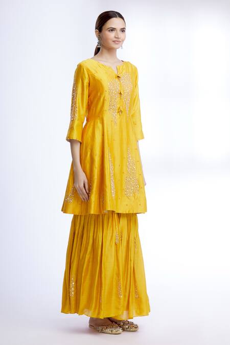 Sozenkari Yellow Silk Chanderi, Gajji Silk, Embroidered Anarkali And Sharara Set Online at Aza Fashions Sozenkari_Yellow Silk Chanderi, Gajji Silk, Embroidered Anarkali And Sharara Set _Online_at_Aza_Fashions
