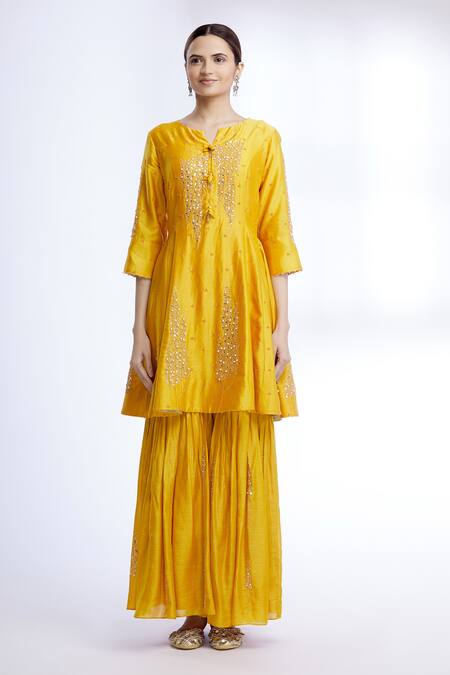 Buy Sozenkari Yellow Silk Chanderi, Gajji Silk, Embroidered Anarkali And Sharara Set Online at Aza Fashions Buy_Sozenkari_Yellow Silk Chanderi, Gajji Silk, Embroidered Anarkali And Sharara Set _Online_at_Aza_Fashions
