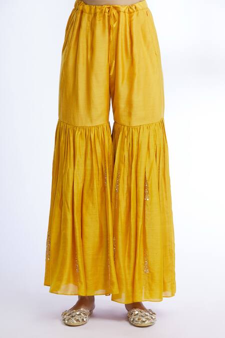 Shop Sozenkari Yellow Silk Chanderi, Gajji Silk, Embroidered Anarkali And Sharara Set Online at Aza Fashions Shop_Sozenkari_Yellow Silk Chanderi, Gajji Silk, Embroidered Anarkali And Sharara Set _Online_at_Aza_Fashions