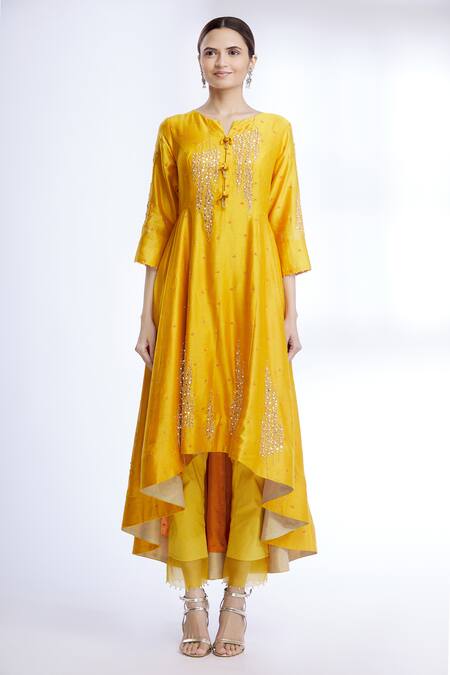 Sozenkari_Orange Cotton Lycra, Pure Chanderi, Gajji Embroidered Anarkali Set _Online_at_Aza_Fashions