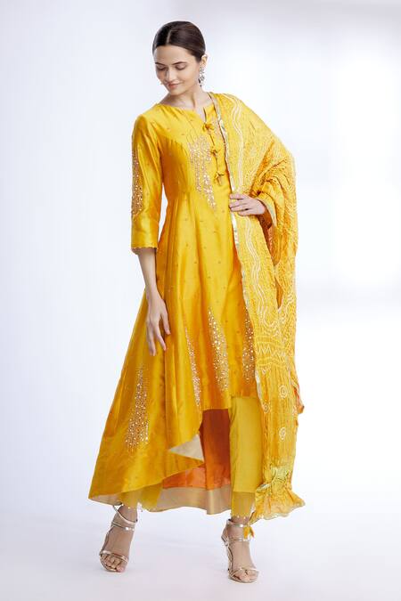 Buy_Sozenkari_Orange Cotton Lycra, Pure Chanderi, Gajji Embroidered Anarkali Set _Online_at_Aza_Fashions