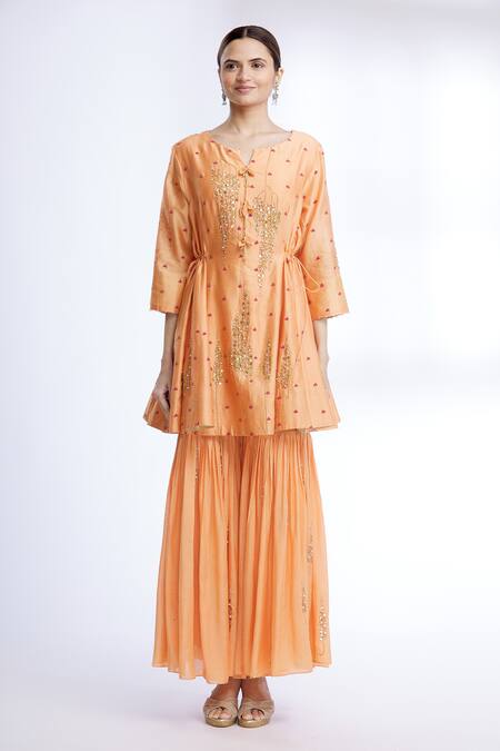 Sozenkari Peach Chanderi, Gajji , Muslin Embroidered Anarkali Set Online at Aza Fashions Sozenkari_Peach Chanderi, Gajji , Muslin Embroidered Anarkali Set _Online_at_Aza_Fashions