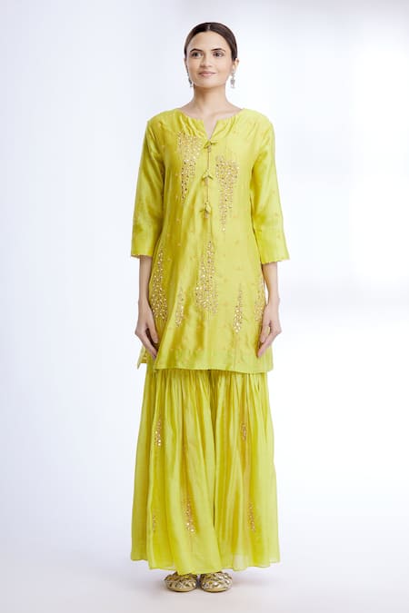 Sozenkari_Green Chanderi, Gajji , Muslin Embroidered Anarkali Set _Online_at_Aza_Fashions