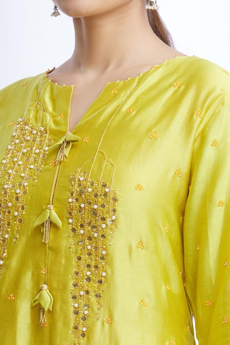 Sozenkari_Green Chanderi, Gajji , Muslin Embroidered Anarkali Set _at_Aza_Fashions