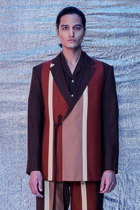 Line Out Line_Brown Cotton Plain Stripe Panelled Blazer_at_Aza_Fashions