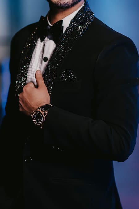 Shop Contrast By Parth Black Italian Suiting Shawl Lapel Tuxedo And Pant Set at Aza Fashions Shop_Contrast By Parth_Black Italian Suiting Shawl Lapel Tuxedo And Pant Set _at_Aza_Fashions