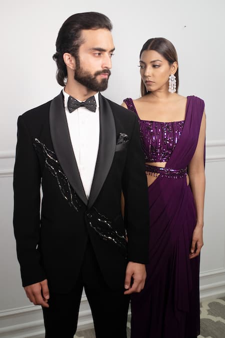 Contrast By Parth_Black Japanese Suiting Satin Lapel Tuxedo And Pant Set  _Online_at_Aza_Fashions