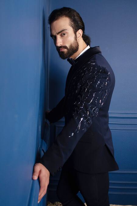 Buy_Contrast By Parth_Black Japanese Suiting Embroidered Tuxedo And Pant Set  _Online_at_Aza_Fashions