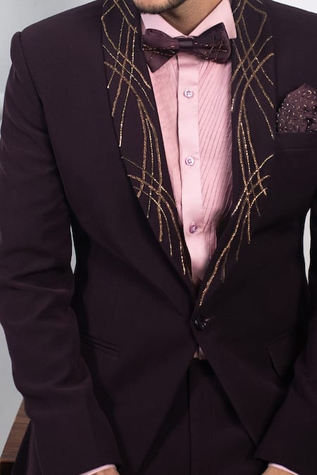 Contrast By Parth_Maroon Japanese Suiting Embroidered Tuxedo And Pant Set  _at_Aza_Fashions
