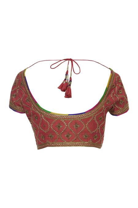 Shop_Tisha Saksena_Coral Raw Silk Round Hand Embroidered Saree Set_Online_at_Aza_Fashions