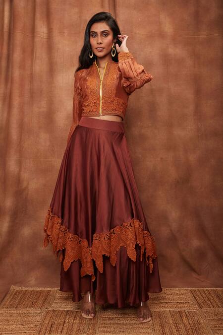 Buy Brown Top Silk Organza Embroidered Lace Stand Crop And Work