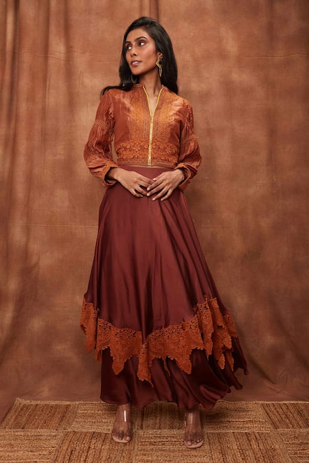 Jajobaa_Brown Top Silk Organza Embroidered Lace Stand Collar Crop And Work Skirt Set_Online_at_Aza_Fashions