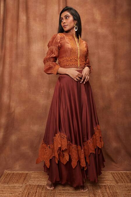 Shop_Jajobaa_Brown Top Silk Organza Embroidered Lace Stand Collar Crop And Work Skirt Set_Online_at_Aza_Fashions