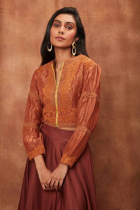 Jajobaa_Brown Top Silk Organza Embroidered Lace Stand Collar Crop And Work Skirt Set_at_Aza_Fashions
